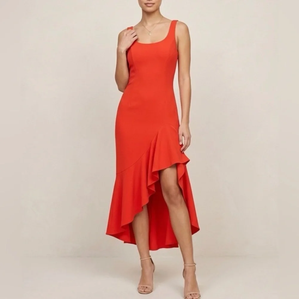 BARDOT REVOLVE Esther Frill High Low Flamenco Midi Dress in Paprika Red NWT